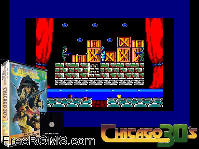Chicago '30 (S) (1988) Amstrad CPC game showing 3D box cover and gameplay screenshot