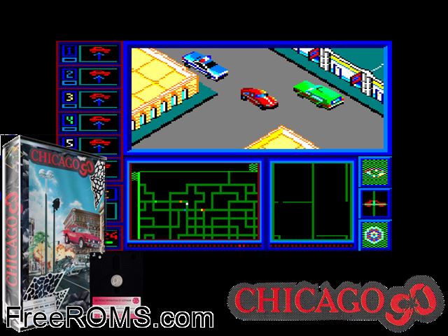 Chicago 90 (UK) (1989) Amstrad CPC game showing 3D box cover and gameplay screenshot