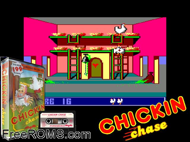 Chickin Chase (UK) (1985) Amstrad CPC game showing 3D box cover and gameplay screenshot