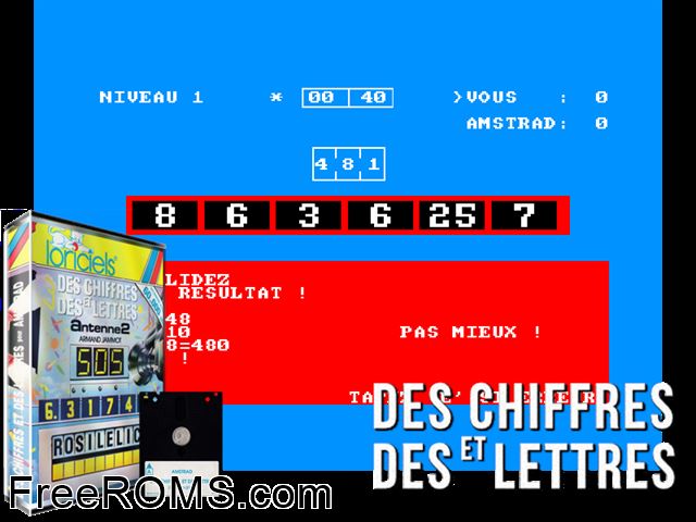 Chiffres et des Lettres (F) (19xx) Amstrad CPC game showing 3D box cover and gameplay screenshot