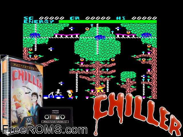 Chiller (UK) (1986) Amstrad CPC game showing 3D box cover and gameplay screenshot