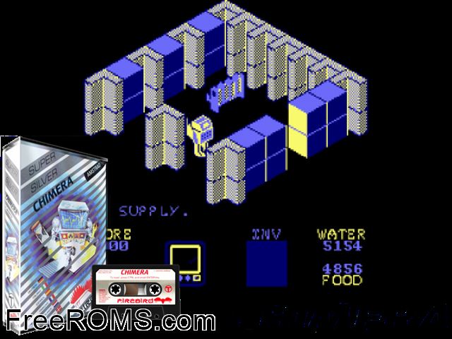 Chimera (UK) (1986) Amstrad CPC game showing 3D box cover and gameplay screenshot
