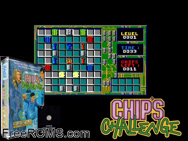 Chips Challenge (UK) (1990) (Disk 1 of 2) Amstrad CPC game showing 3D box cover and gameplay screenshot