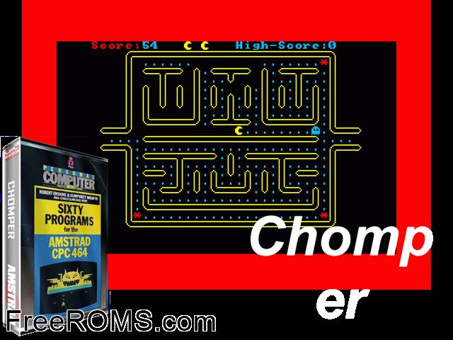 Chomper (UK) (19xx) Amstrad CPC game showing 3D box cover and gameplay screenshot