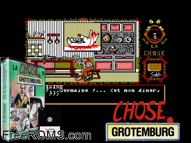 Chose De Grotembourg, La (F) (1987) (Disk 1 of 2) Amstrad CPC game showing 3D box cover and gameplay screenshot