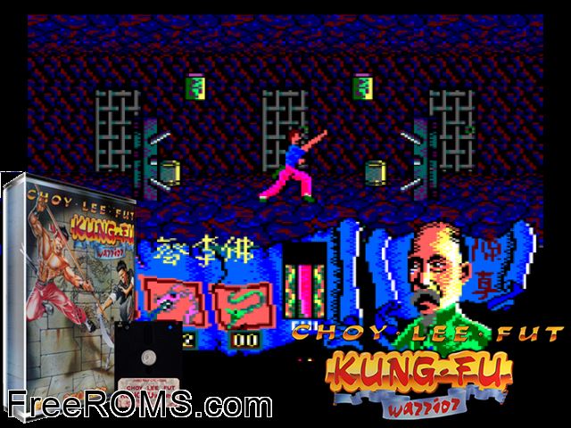 Choy Lee Fut - Kung Fu Warrior (S) (1990) Amstrad CPC game showing 3D box cover and gameplay screenshot