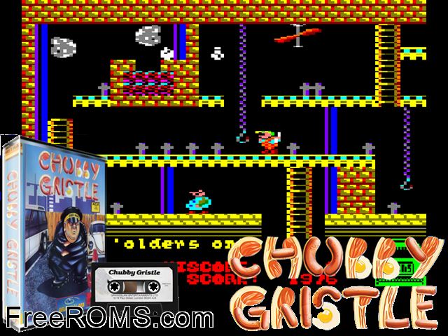 Chubby Gristle (UK) (1988) Amstrad CPC game showing 3D box cover and gameplay screenshot
