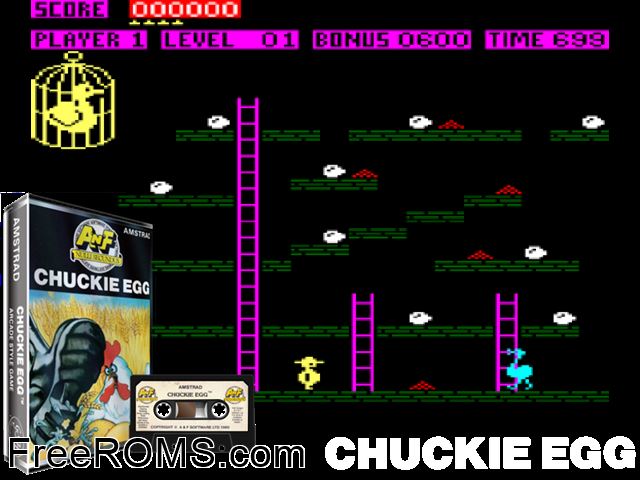 Chuckie Egg (UK) (1985) Amstrad CPC game showing 3D box cover and gameplay screenshot