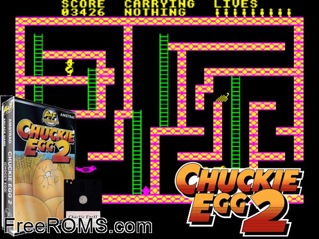 Chuckie Egg 2 (UK) (1985) Amstrad CPC game showing 3D box cover and gameplay screenshot