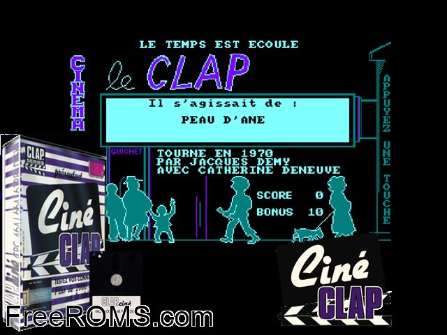 Cine Clap (F) (1986) (Disk 1 of 2) Amstrad CPC game showing 3D box cover and gameplay screenshot