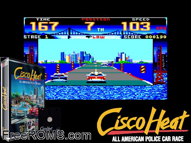 Cisco Heat (UK) (1991) Amstrad CPC game showing 3D box cover and gameplay screenshot