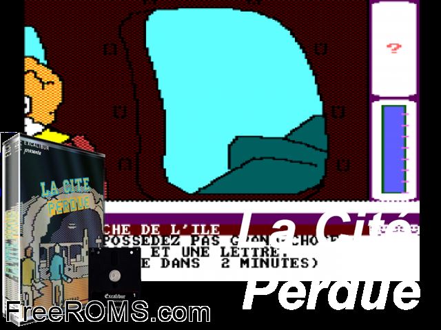 Cite Perdue, La (F) (1987) (Disk 2 of 4) Amstrad CPC game showing 3D box cover and gameplay screenshot