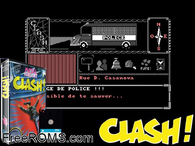 Clash (F) (1987) (Disk 2 of 2) Amstrad CPC game showing 3D box cover and gameplay screenshot