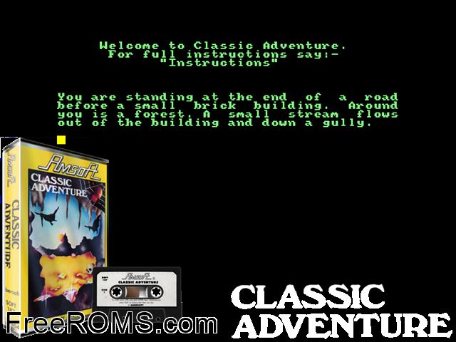 Classic Adventure (UK) (1984) Amstrad CPC game showing 3D box cover and gameplay screenshot