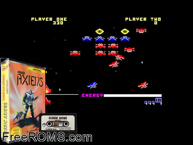 Classic Axiens (UK) (1987) Amstrad CPC game showing 3D box cover and gameplay screenshot