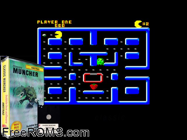 Classic Muncher (UK) (1987) Amstrad CPC game showing 3D box cover and gameplay screenshot