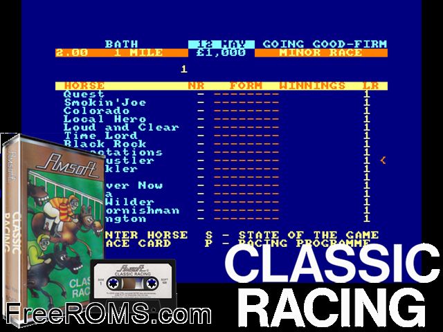 Classic Racing (UK) (1985) [a1] Amstrad CPC game showing 3D box cover and gameplay screenshot