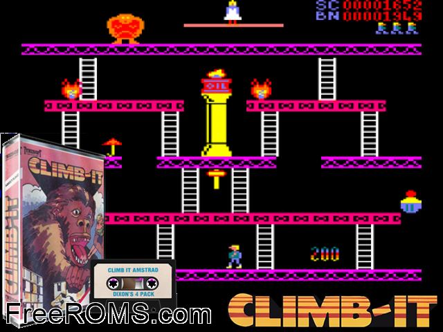 Climb It (UK) (1985) Amstrad CPC game showing 3D box cover and gameplay screenshot
