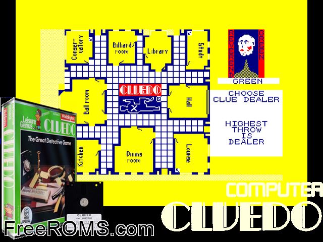 Cluedo (UK) (1986) Amstrad CPC game showing 3D box cover and gameplay screenshot