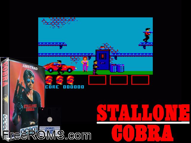 Cobra Stallone (UK) (1987) Amstrad CPC game showing 3D box cover and gameplay screenshot