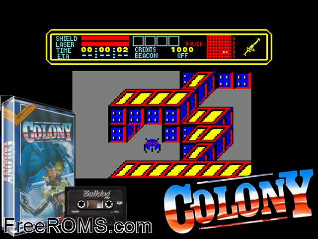 Colony (UK) (1987) Amstrad CPC game showing 3D box cover and gameplay screenshot