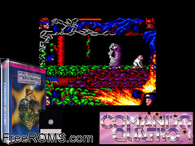 Comando Quatro (S) (1989) Amstrad CPC game showing 3D box cover and gameplay screenshot