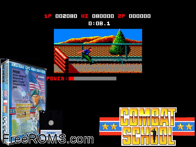 Combat School (UK) (1987) Amstrad CPC game showing 3D box cover and gameplay screenshot