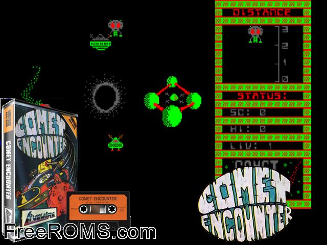 Comet Encounter (UK) (1986) Amstrad CPC game showing 3D box cover and gameplay screenshot