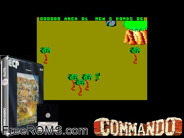 Commando (UK) (1985) Amstrad CPC game showing 3D box cover and gameplay screenshot