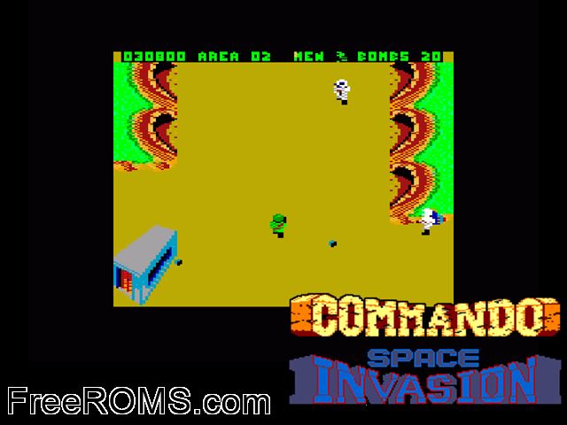 Commando - Space Invasion (UK) (1985) Amstrad CPC game showing 3D box cover and gameplay screenshot
