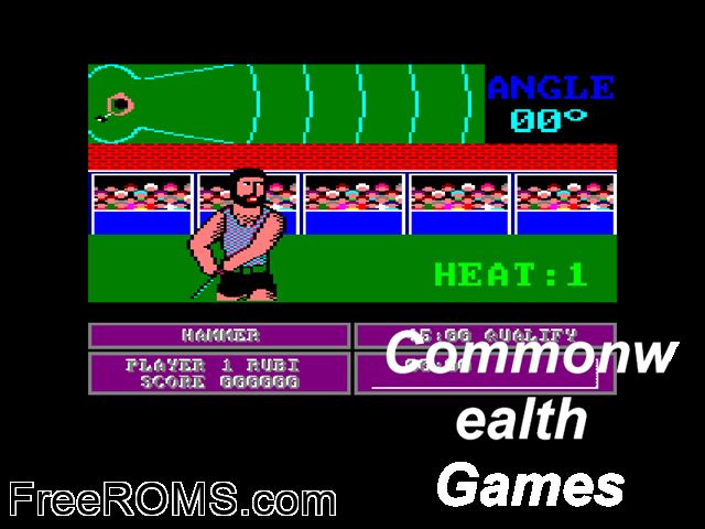 Commonwealth Games (UK) (1986) Amstrad CPC game showing 3D box cover and gameplay screenshot