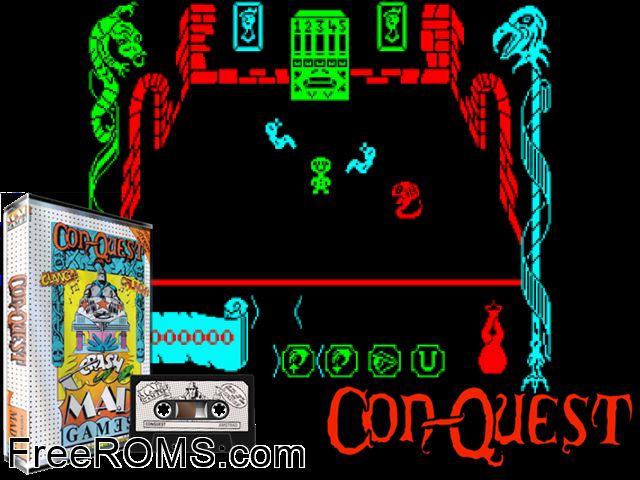 Con-Quest (UK) (1986) Amstrad CPC game showing 3D box cover and gameplay screenshot