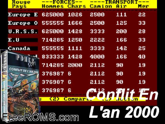 Conflit En L'an 2000 (F) (1985) Amstrad CPC game showing 3D box cover and gameplay screenshot