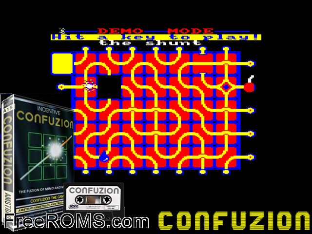 Confuzion (UK) (1985) Amstrad CPC game showing 3D box cover and gameplay screenshot