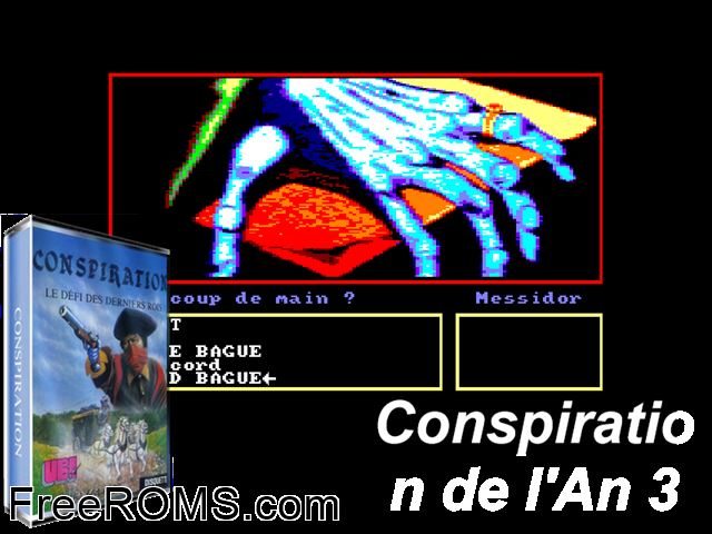 Conspiration (F) (1988) (Disk 2 of 2) Amstrad CPC game showing 3D box cover and gameplay screenshot