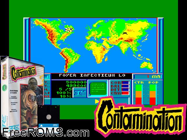 Contamination (F) (1985) Amstrad CPC game showing 3D box cover and gameplay screenshot
