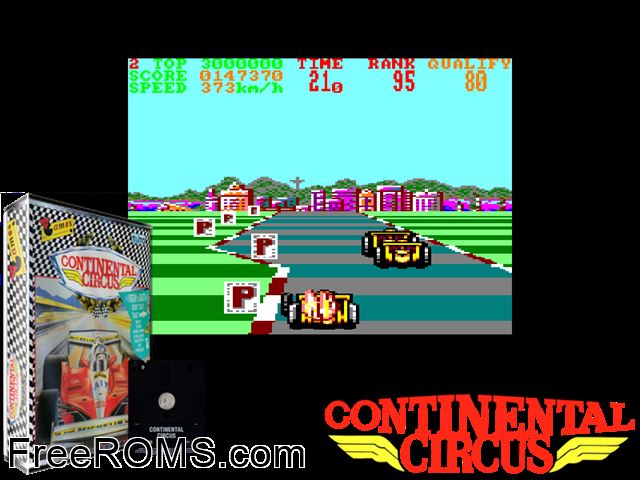 Continental Circus (UK) (1989) Amstrad CPC game showing 3D box cover and gameplay screenshot