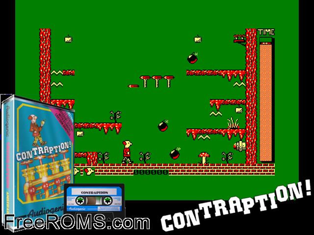 Contraption (UK) (1985) Amstrad CPC game showing 3D box cover and gameplay screenshot