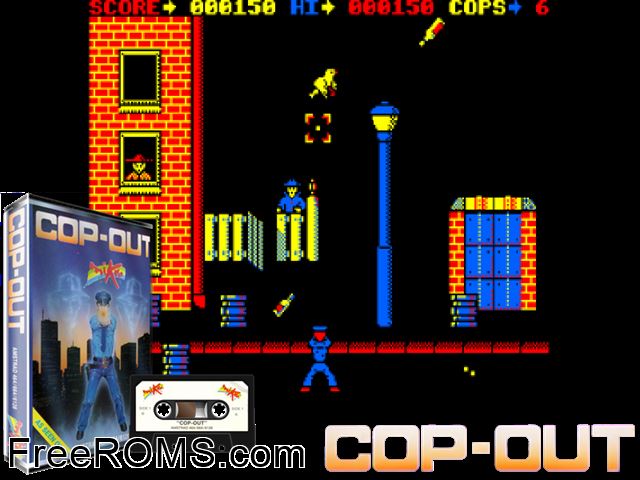 Cop Out (UK) (1986) Amstrad CPC game showing 3D box cover and gameplay screenshot