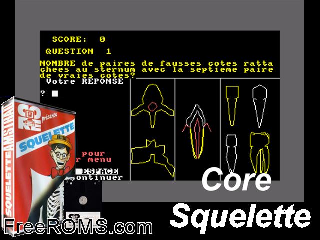Core Squelette (F) (19xx) Amstrad CPC game showing 3D box cover and gameplay screenshot
