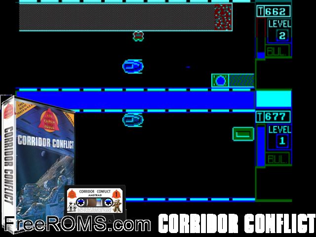 Corridor Conflict (UK) (19xx) Amstrad CPC game showing 3D box cover and gameplay screenshot