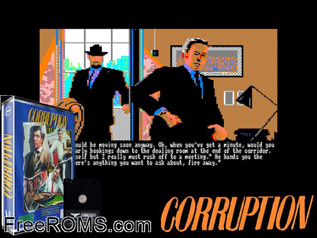 Corruption (UK) (1988) (Disk 1 of 2) Amstrad CPC game showing 3D box cover and gameplay screenshot