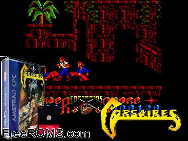 Corsarios - Corsaires (UK) (1988) Amstrad CPC game showing 3D box cover and gameplay screenshot