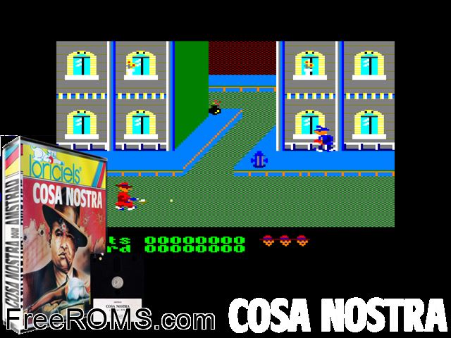 Cosa Nostra (S) (1987) Amstrad CPC game showing 3D box cover and gameplay screenshot