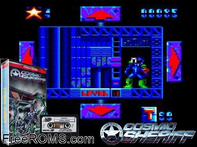 Cosmic Sheriff (S) (1989) Amstrad CPC game showing 3D box cover and gameplay screenshot