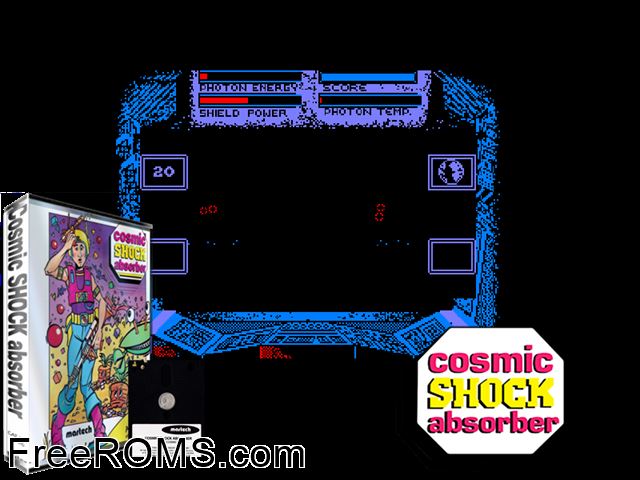 Cosmic Shock Absorber (UK) (1987) Amstrad CPC game showing 3D box cover and gameplay screenshot
