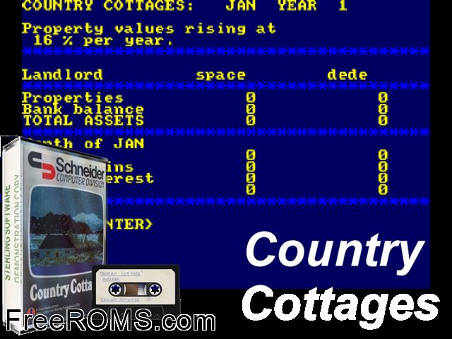 Country Cottages (UK) (1984) Amstrad CPC game showing 3D box cover and gameplay screenshot