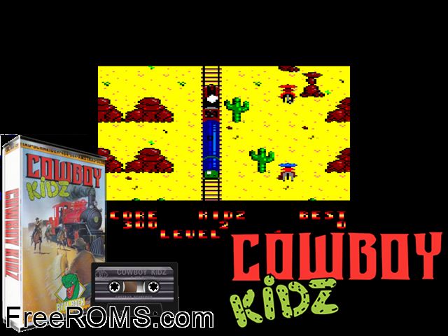 Cowboy Kidz (UK) (1990) Amstrad CPC game showing 3D box cover and gameplay screenshot