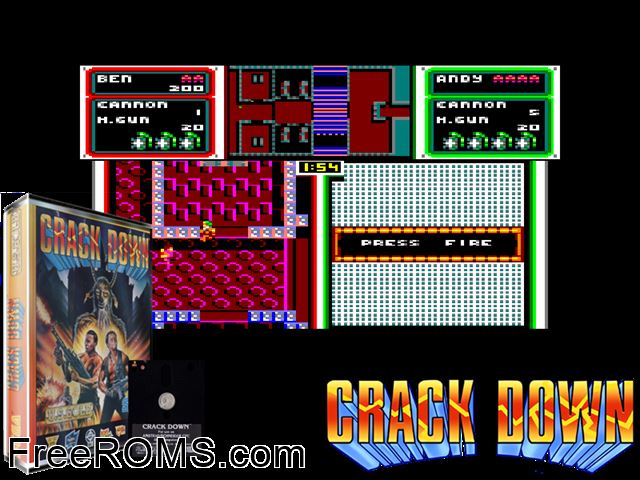 Crackdown (UK) (1990) (Disk 2 of 2) Amstrad CPC game showing 3D box cover and gameplay screenshot