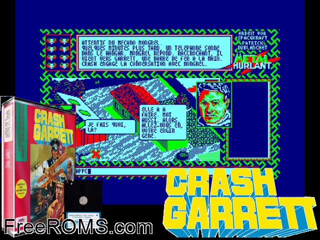 Crash Garrett (F) (1987) (Disk 2 of 2) Amstrad CPC game showing 3D box cover and gameplay screenshot